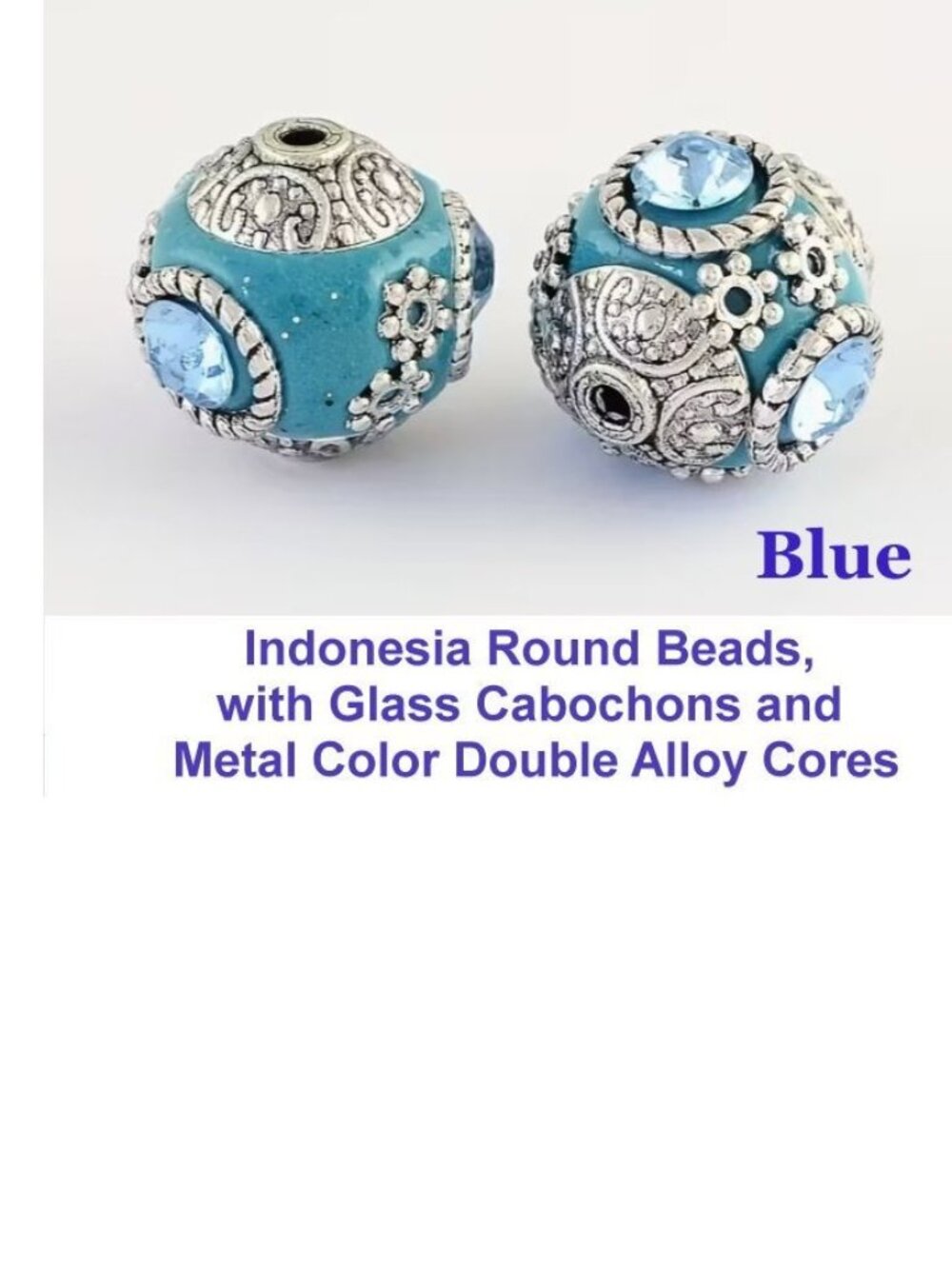 2 Indonesia Round Beads, with Glass Cabochons and Metal Color in Blue